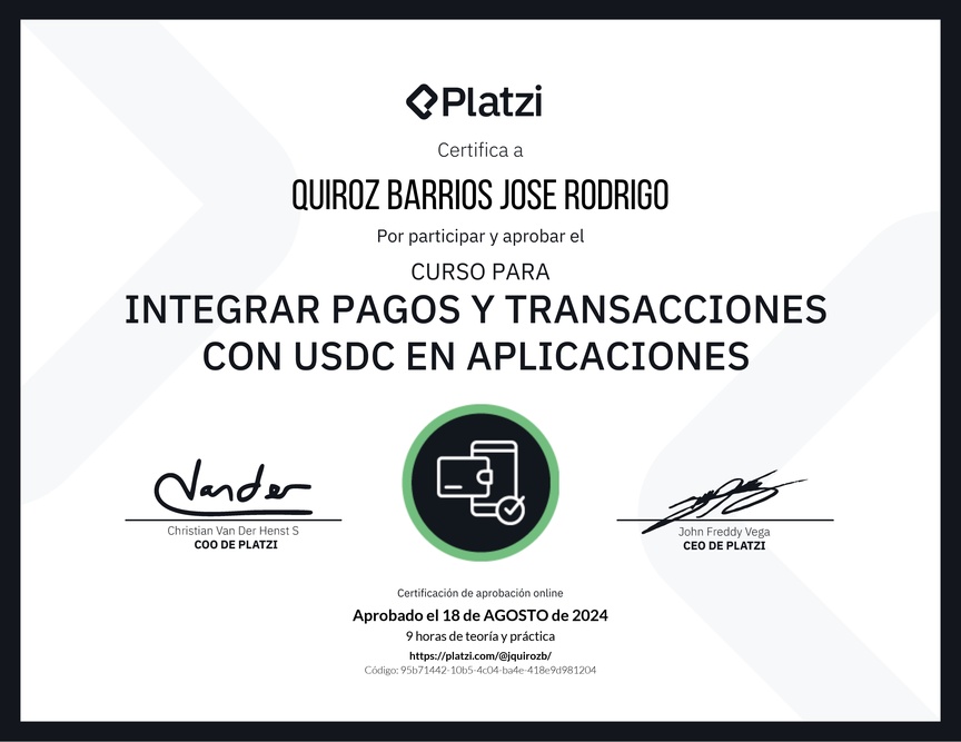 Diploma del Curso para Integrar Pagos y Transacciones con USDC en Aplicaciones