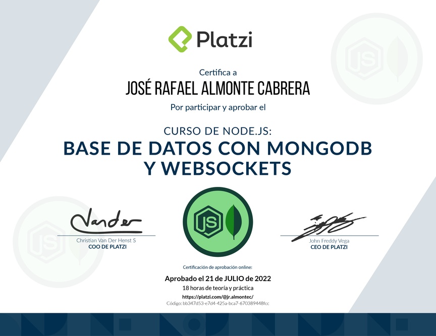 Diploma del Curso de Node.js: Base de Datos con MongoDB y WebSockets