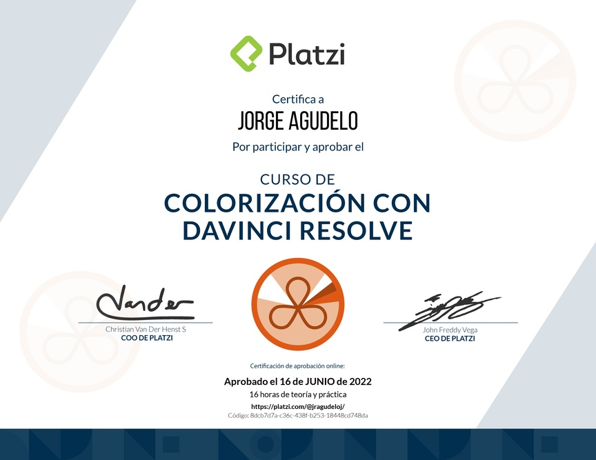 Diploma del Curso de Colorización con DaVinci Resolve