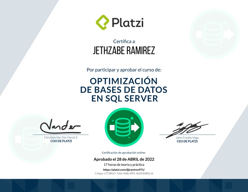 Diploma del Curso de Optimización de Bases de Datos en SQL Server