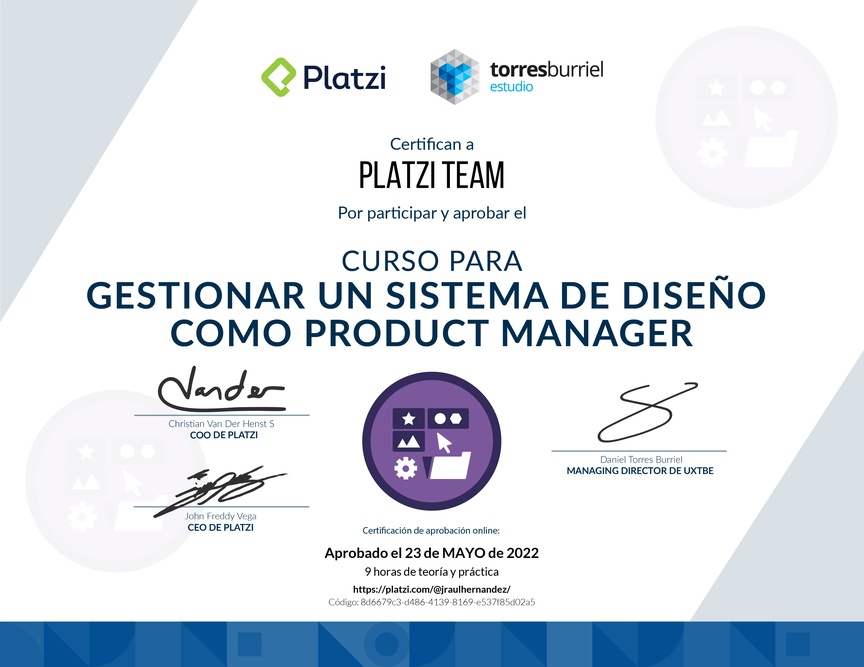 Diploma del Curso para Gestionar un Sistema de Diseño como Product Manager