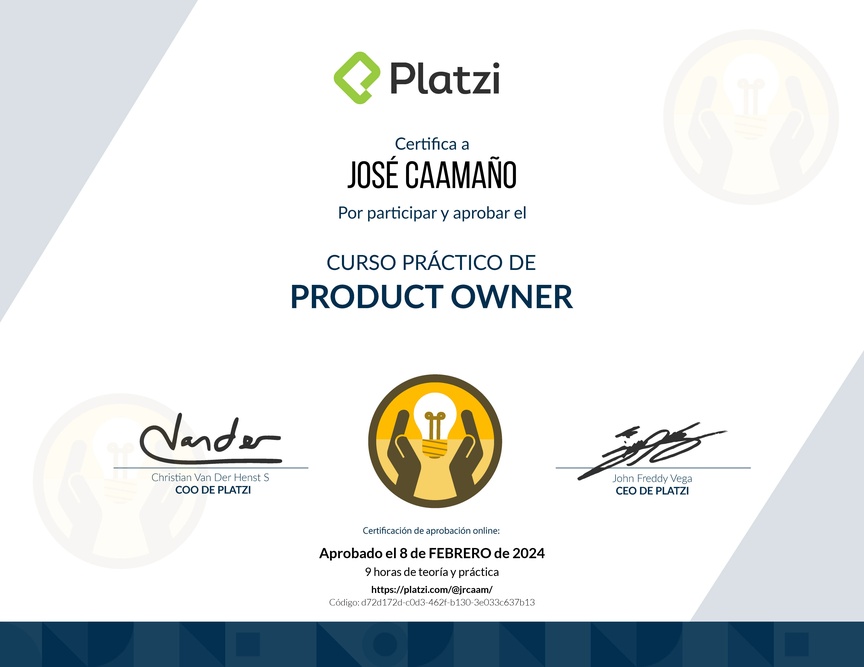 Diploma del Curso de Herramientas y Frameworks Intermedias para Product Owners
