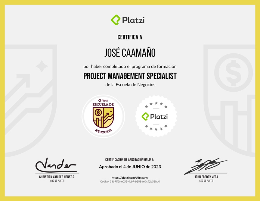 Diploma de la Ruta de Aprendizaje de Project Management Specialist