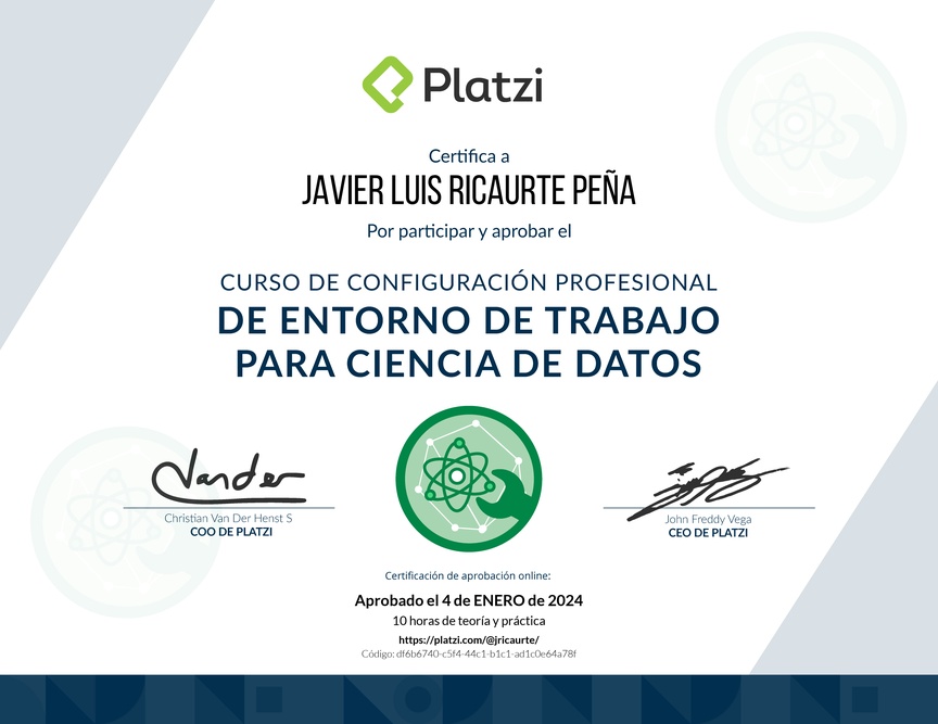 Diploma del Curso de Configuración Profesional de Entorno de Trabajo para Ciencia de Datos