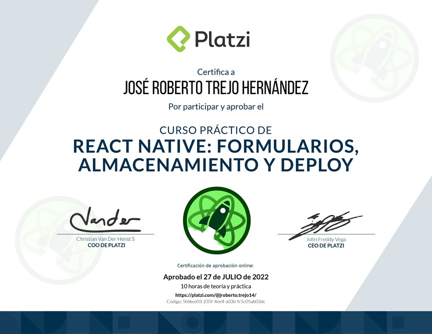 Diploma del Curso de React Native: Formularios, Almacenamiento y Deploy