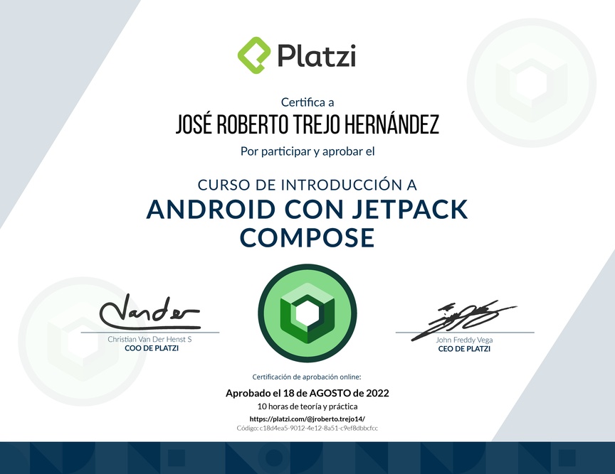 Diploma del Curso de Introducción a Android con Jetpack Compose - 2021