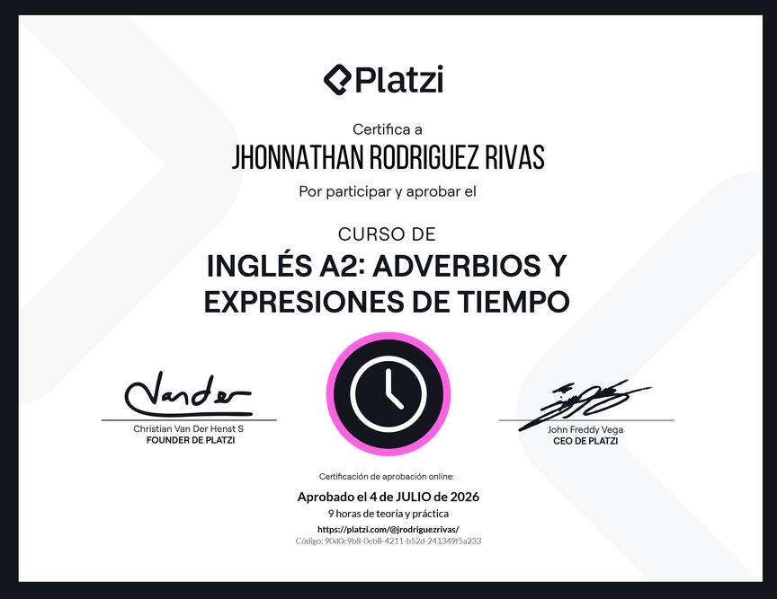 Diploma del Curso de Inglés Básico A2: Adverbios y Expresiones de Tiempo