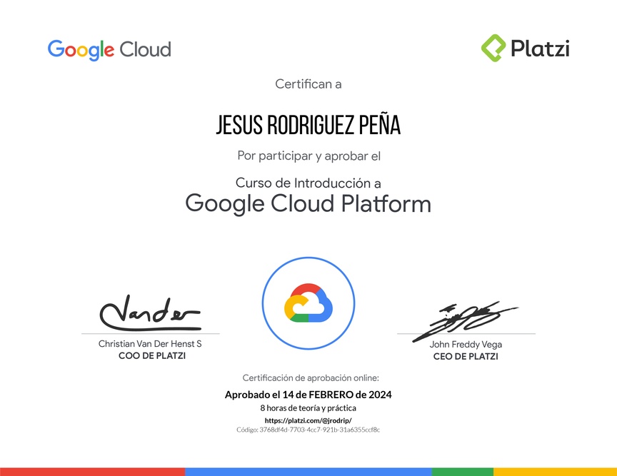Diploma del Curso de Introducción a Google Cloud Platform