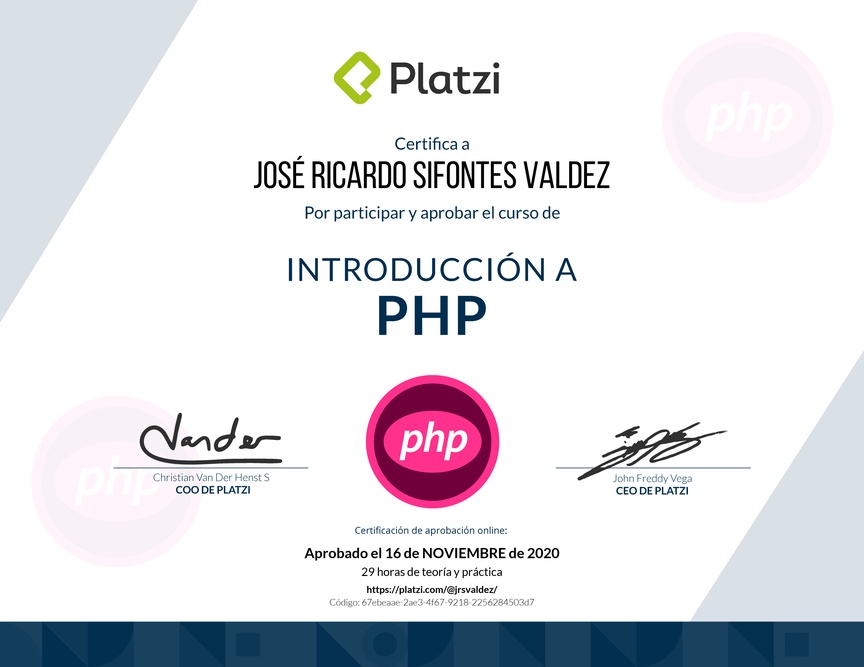 Diploma del Curso de Introducción a PHP 2018