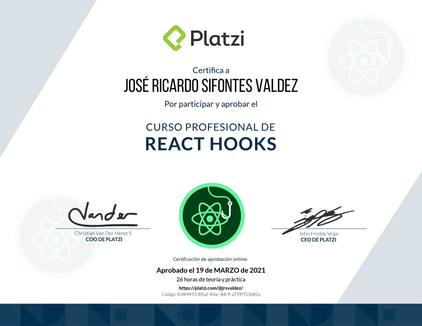 Diploma del Curso Profesional de React Hooks