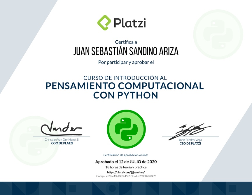 Diploma del Curso de Introducción al Pensamiento Computacional con Python