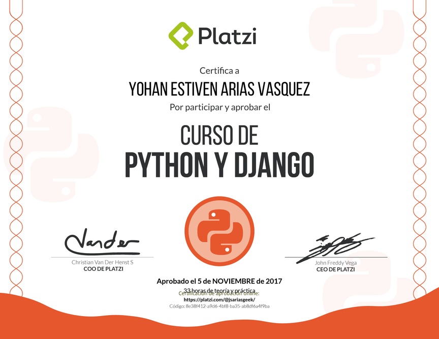 Diploma del Curso de Python y Django 2016