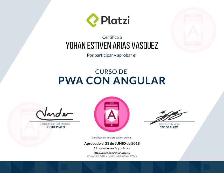 Diploma del Curso de PWA con Angular 2018