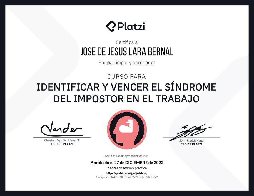 Diploma del Curso para Identificar y Vencer el Síndrome del Impostor