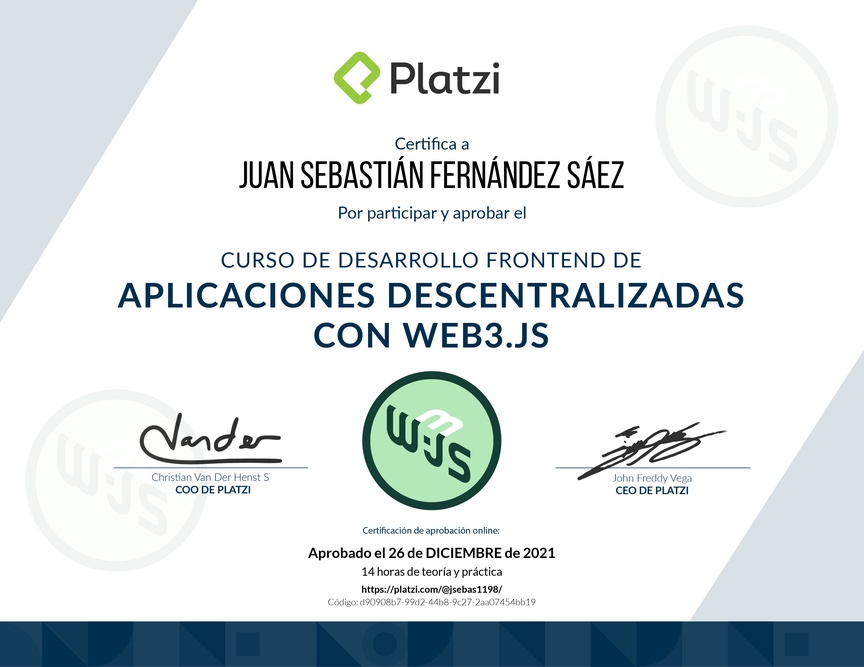 Diploma del Curso de Desarrollo Frontend de Aplicaciones Descentralizadas con Web3.Js