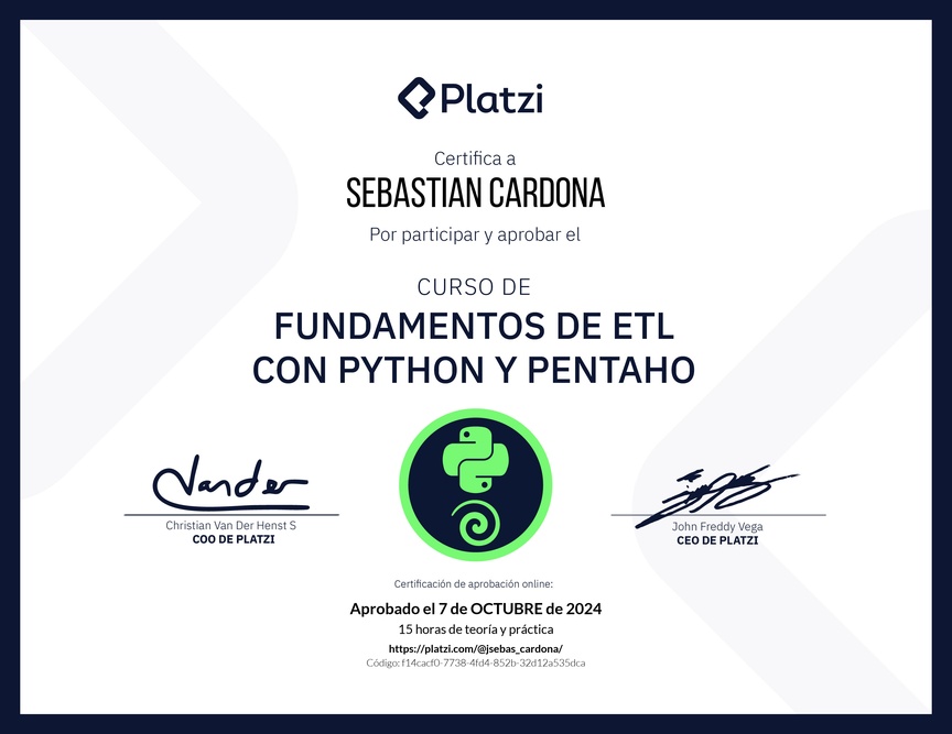 Diploma del Curso de Fundamentos de ETL con Python y Pentaho