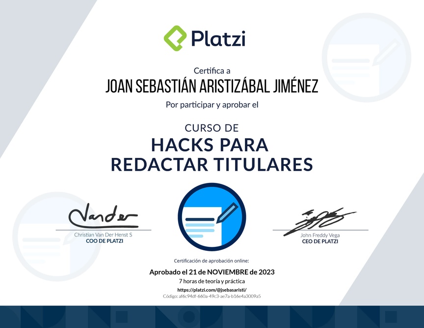 Diploma del Curso de Hacks para Redactar Titulares