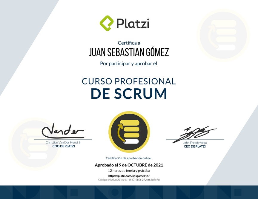 Diploma del Curso Profesional de Scrum
