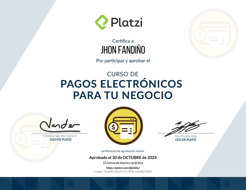 Diploma del Curso de E-Commerce para Implementar Pagos Electrónicos