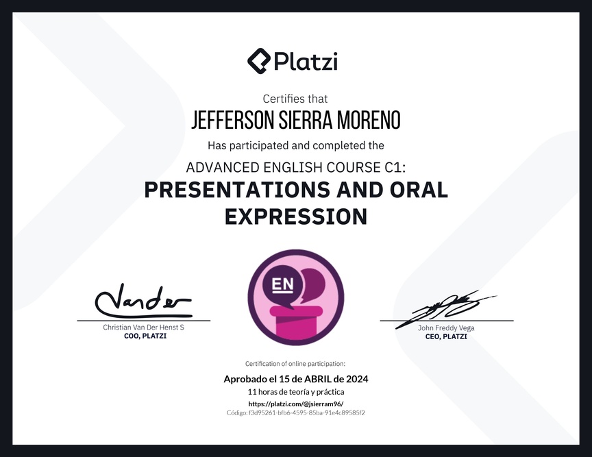 Diploma del Curso de Inglés Avanzado C1: Presentaciones y Expresión Oral
