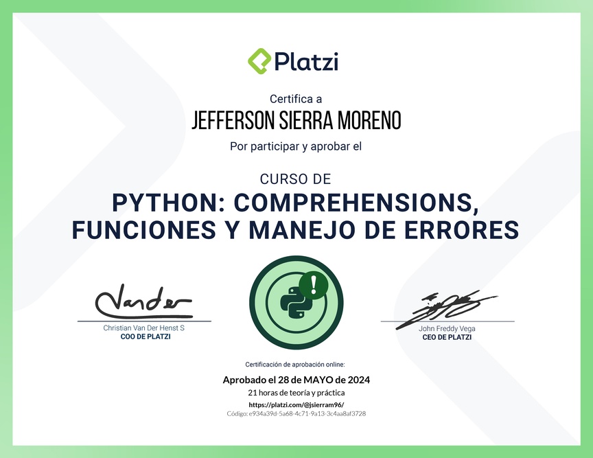 Diploma del Curso de Python: Comprehensions, Funciones y Manejo de Errores