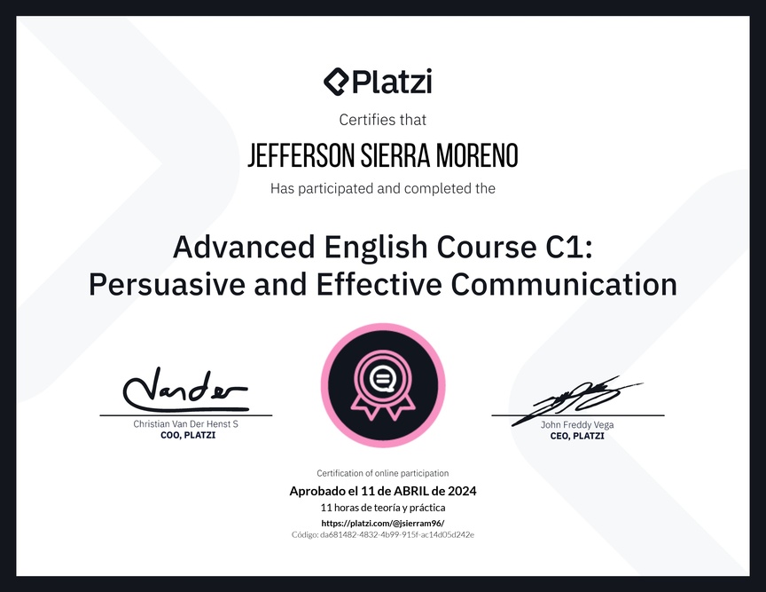 Diploma del Curso de Inglés Avanzado C1: Comunicación Persuasiva y Efectiva