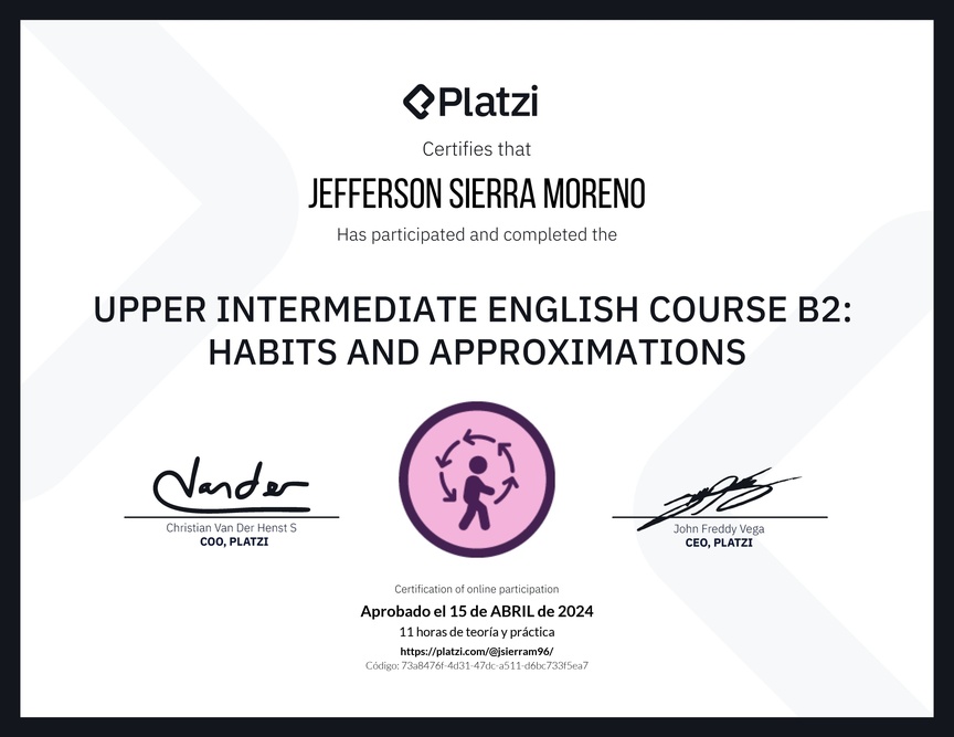 Diploma del Curso de Inglés Intermedio Alto B2: Hábitos y Aproximaciones