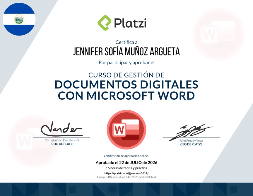 Diploma del Curso de Gestión de Documentos Digitales con Microsoft Word