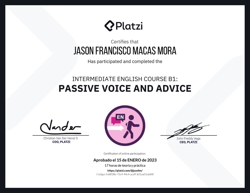 Diploma del Curso de Inglés Intermedio: Voz Pasiva y Consejos (2021)