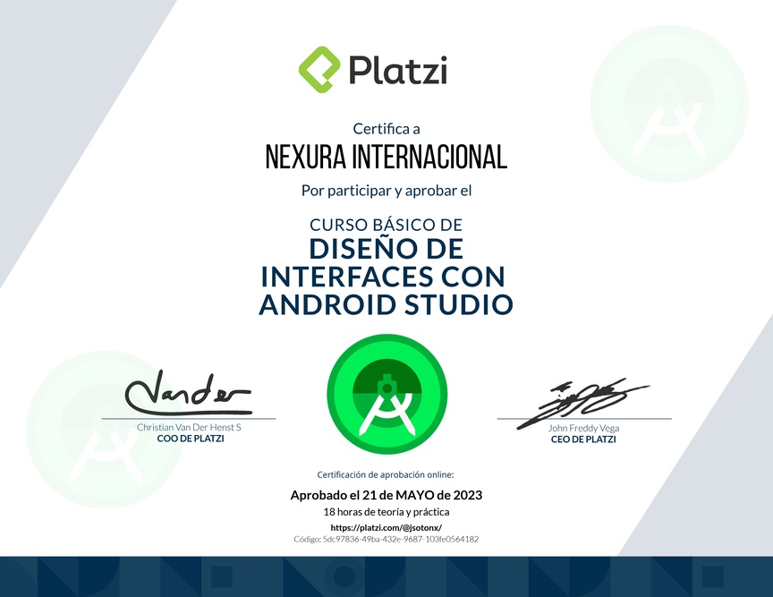 Diploma del Curso Básico de Diseño de Interfaces con Android Studio
