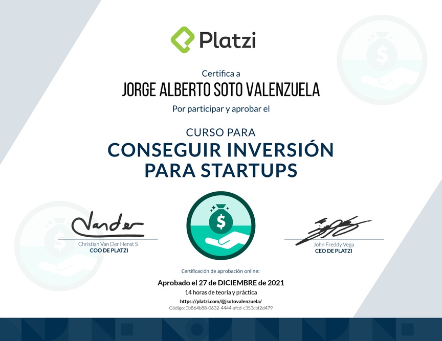 Diploma del Curso para Conseguir Inversión para Startups en Etapa Temprana