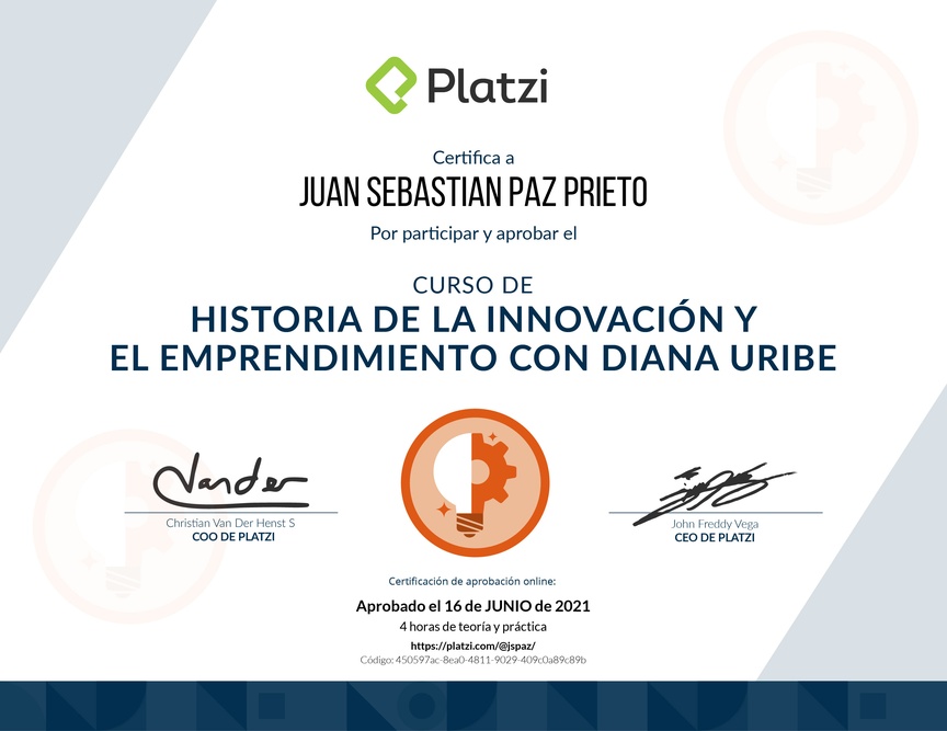 Diploma del Curso de Historia de la Innovación y el Emprendimiento con Diana Uribe