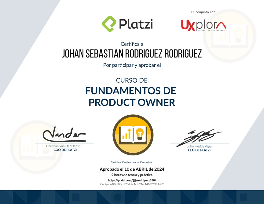 Diploma del Curso de Fundamentos de Product Owner