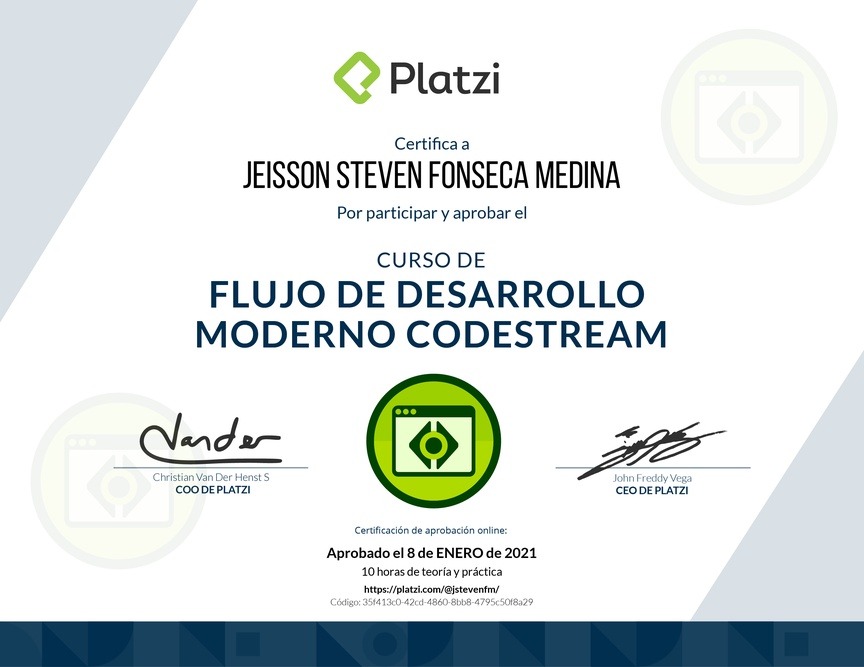 Diploma del Curso de Flujo de Desarrollo Moderno CodeStream