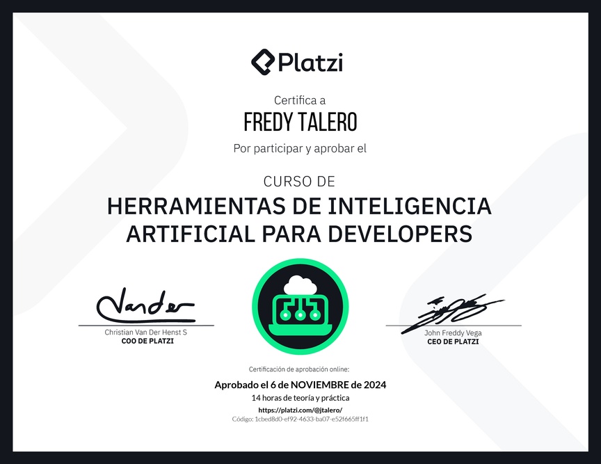 Diploma del Curso de Herramientas de Inteligencia Artificial para Developers (2023)