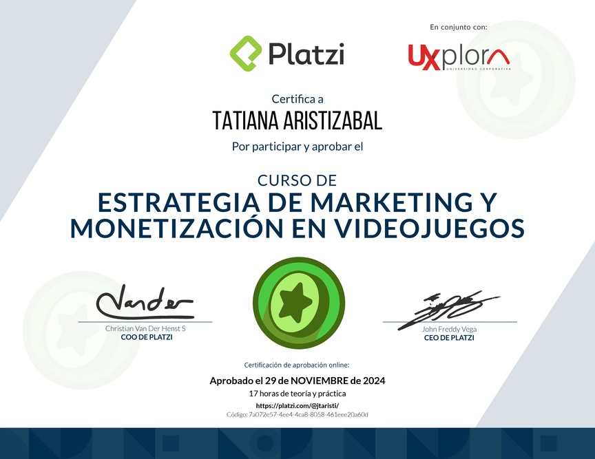 Diploma del Curso de Estrategia de Marketing y Monetización en Videojuegos