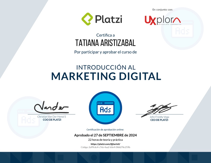 Diploma del Curso de Introducción al Marketing Digital (2022)