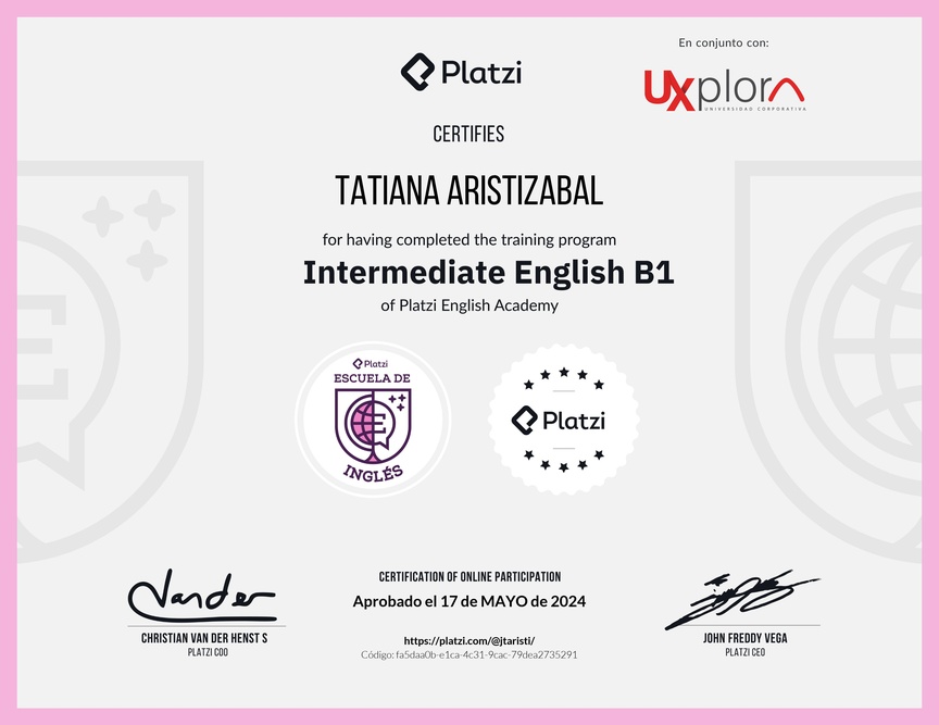 Diploma de la Ruta de Aprendizaje de Inglés Intermedio B1