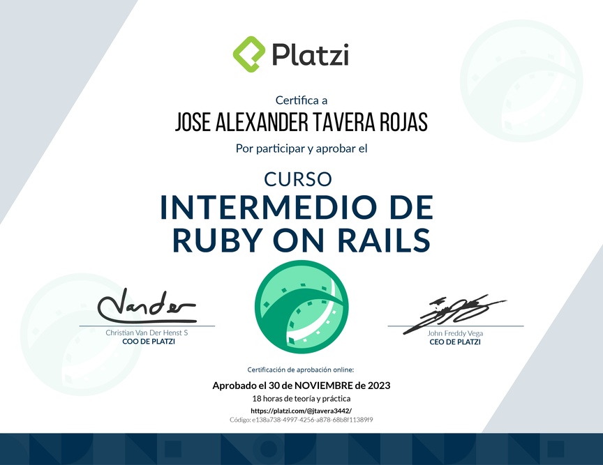Diploma del Curso Intermedio de Ruby on Rails