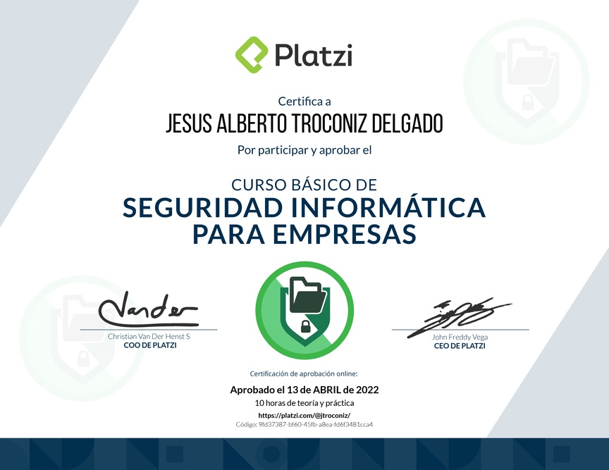 Diploma del Curso Básico de Seguridad Informática para Empresas
