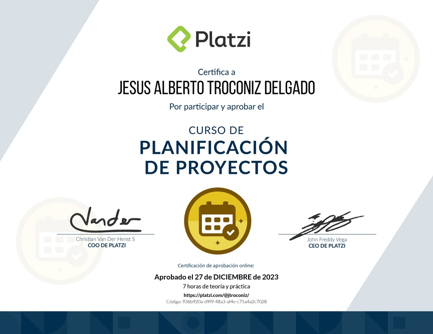 Diploma del Curso de Gestión para Planificar, Definir e Identificar Riesgos de un Proyecto