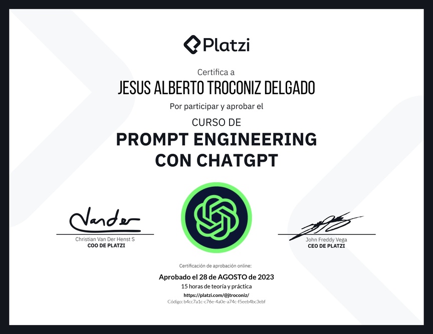 Diploma del Curso de Prompt Engineering con ChatGPT