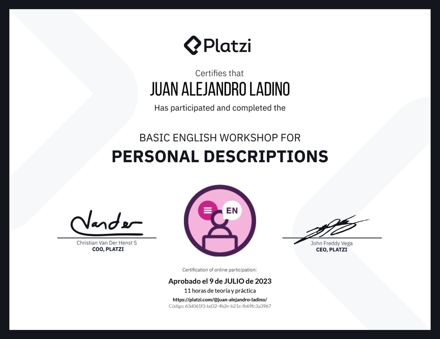 Diploma del Curso de Inglés Práctico para Descripciones Personales (2020=