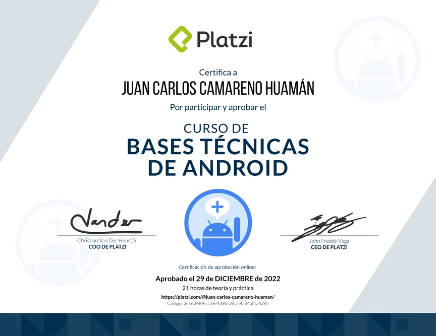 Diploma del Curso de Bases Técnicas de Android