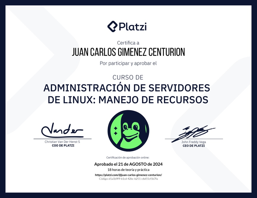 Diploma del Curso de Administración de Servidores Linux: Manejo de Recursos