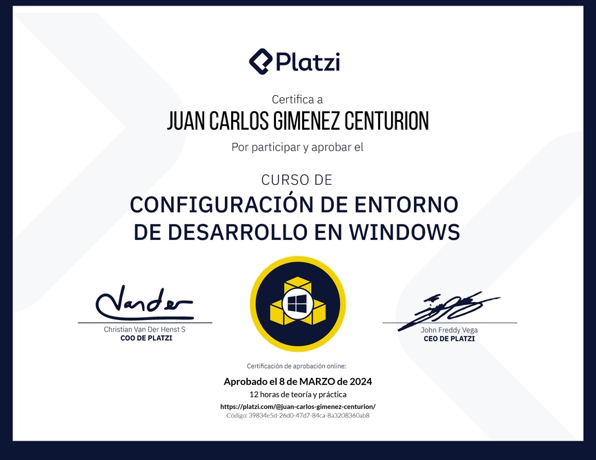 Diploma del Curso de Configuración de Entorno de Desarrollo en Windows