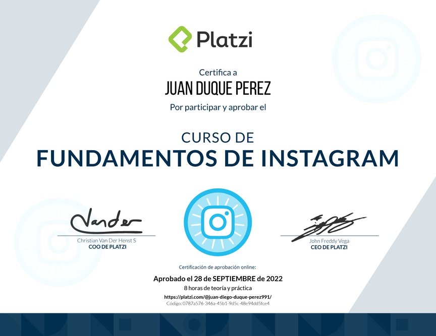Diploma del Curso de Fundamentos de Instagram