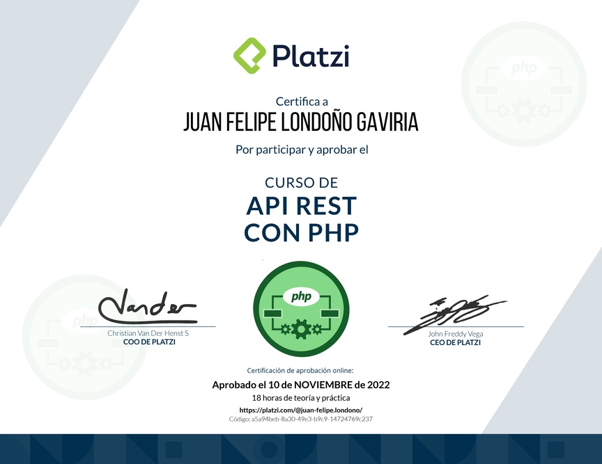 Diploma del Curso de API REST con PHP