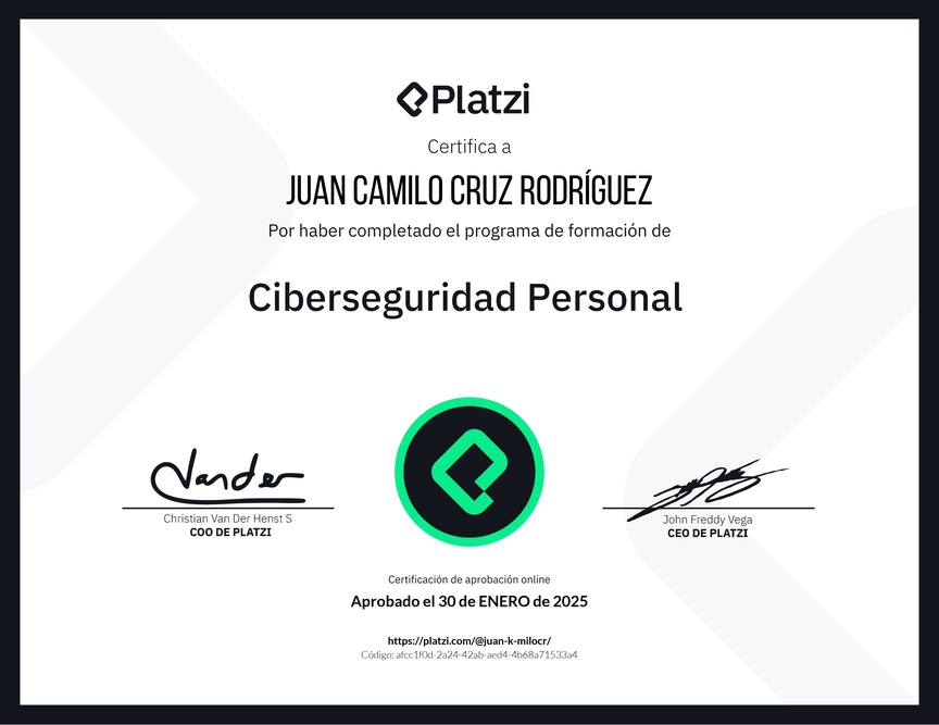 Diploma de la Ruta de Aprendizaje de Ciberseguridad Personal