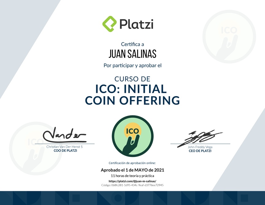 Diploma del Curso de ICO: Initial Coin Offering